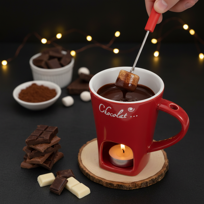 Röd fondue-mugg med mörk bokeh-bakgrund