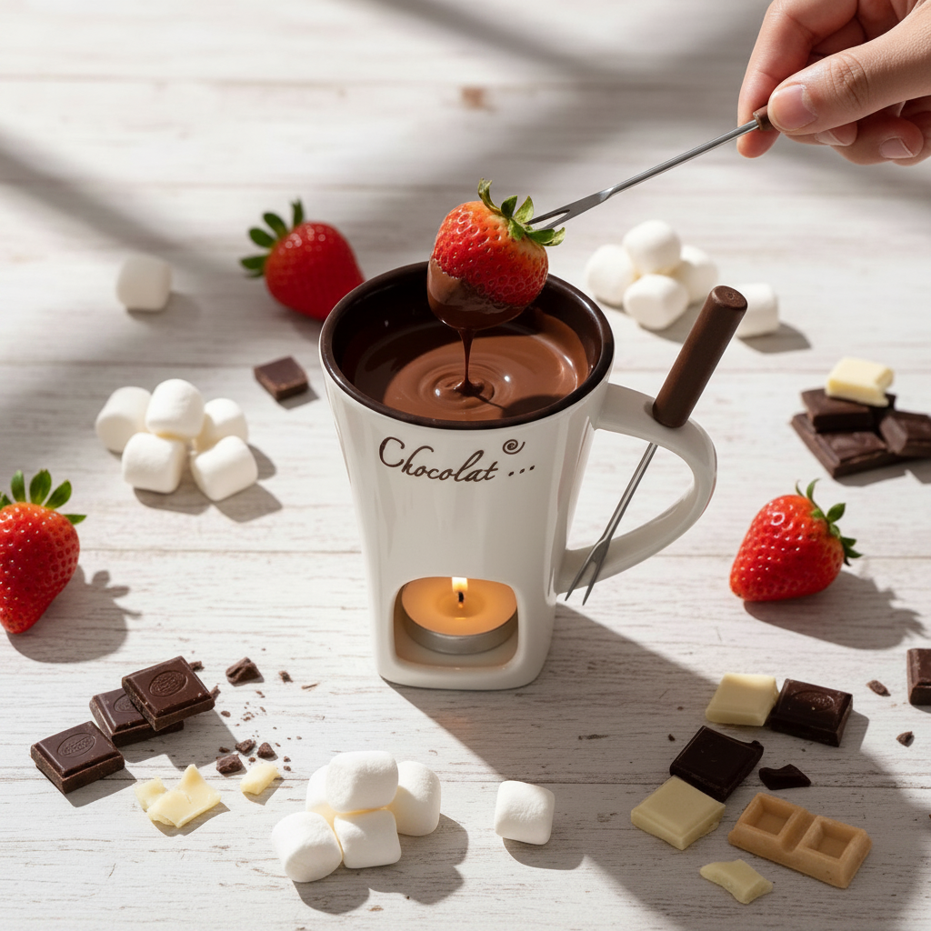 Vit fondue-mugg med jordgubbe